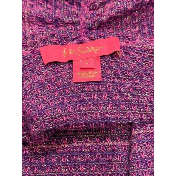 Lilly Pulitzer Tova Cardigan Sz L – Purple Berry Metallic Open Front Tassel Hem - Picture 3 of 7